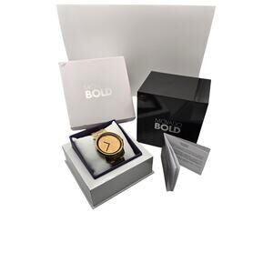 Movado Bold Gold Watch 42.5mm Stainless Steel Link Bracelet Box Papers Classic